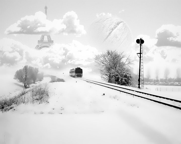 black train, eifel tower, paris, france, tram, winter, snow, rails
