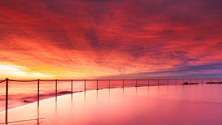 Australia ocean beach, pool, evening sunset, red sky, clouds, HD wallpaper