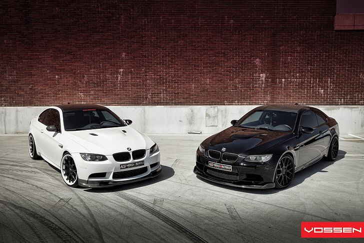 two black BMW sedans, car, white cars, black cars, vehicle, mode of transportation, HD wallpaper