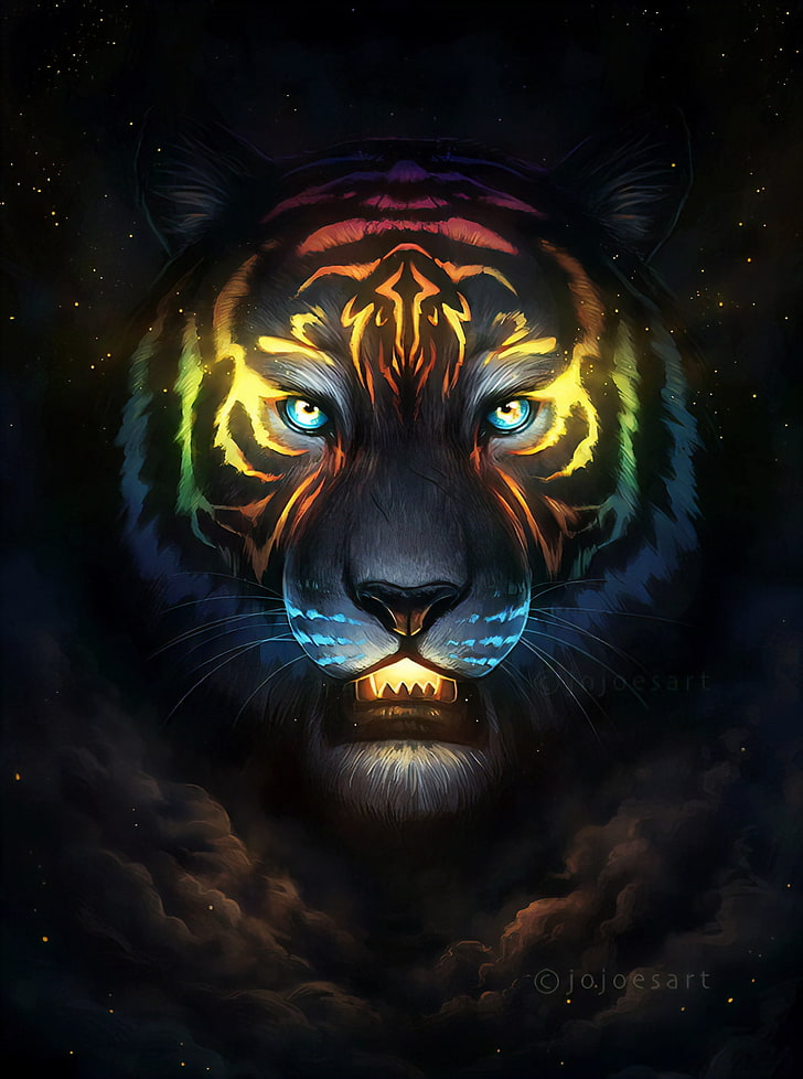 tiger head painting, artwork, Jonas Jodicke, clouds, wildlife