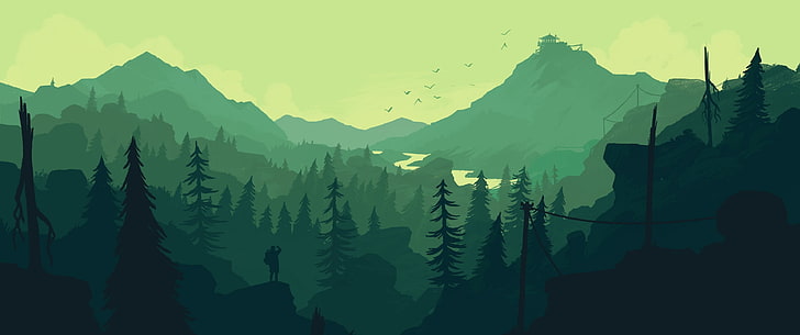 green mountain and trees painting, firewatch, landscape, forest