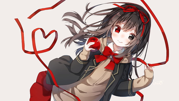HD wallpaper: anime girl, brown hair, ribbon, heart, cute, apple, red eye |  Wallpaper Flare