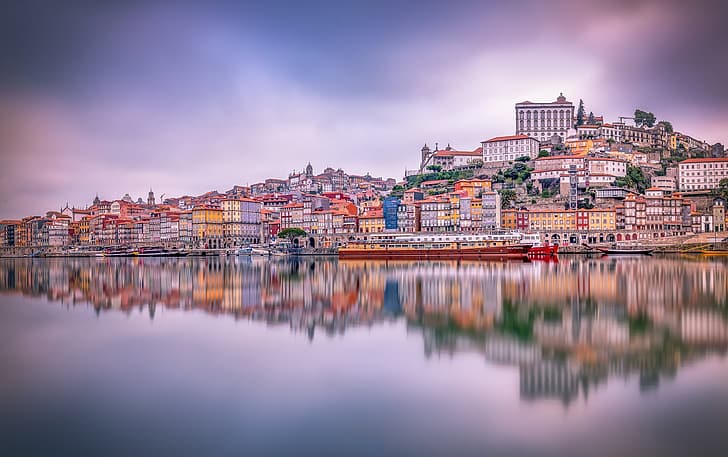 reflection, river, building, home, Portugal, Porto, Douro River