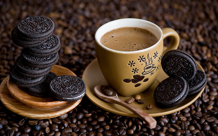 coffee, cup, spoons, Oreos, food and drink, mug, refreshment, HD wallpaper