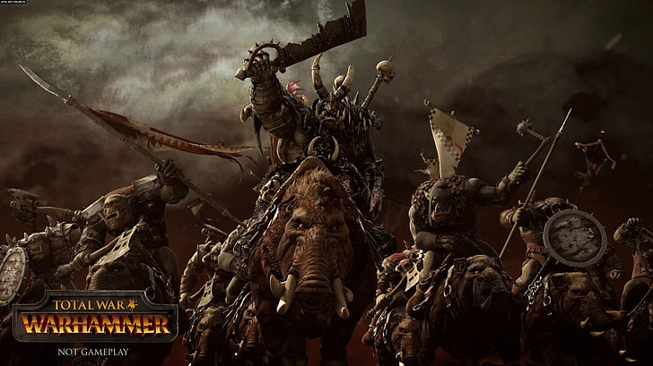 Total War Warhammer game poster, Total War: Warhammer, orcs, text