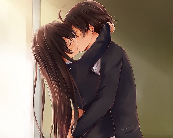 HD wallpaper: couple, kissing, brunette, closed eyes, anime, artwork,  school uniform | Wallpaper Flare