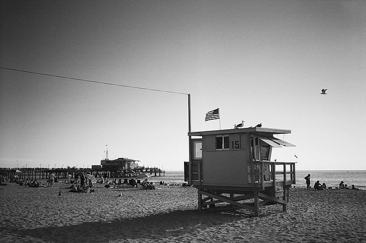 black, white, beach, sea, people, lifeguard stands, monochrome