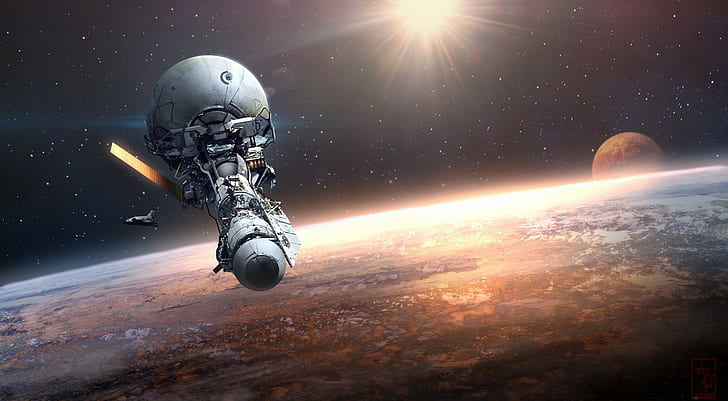 science fiction, artwork, spaceship, planet - space, sky, technology, HD wallpaper