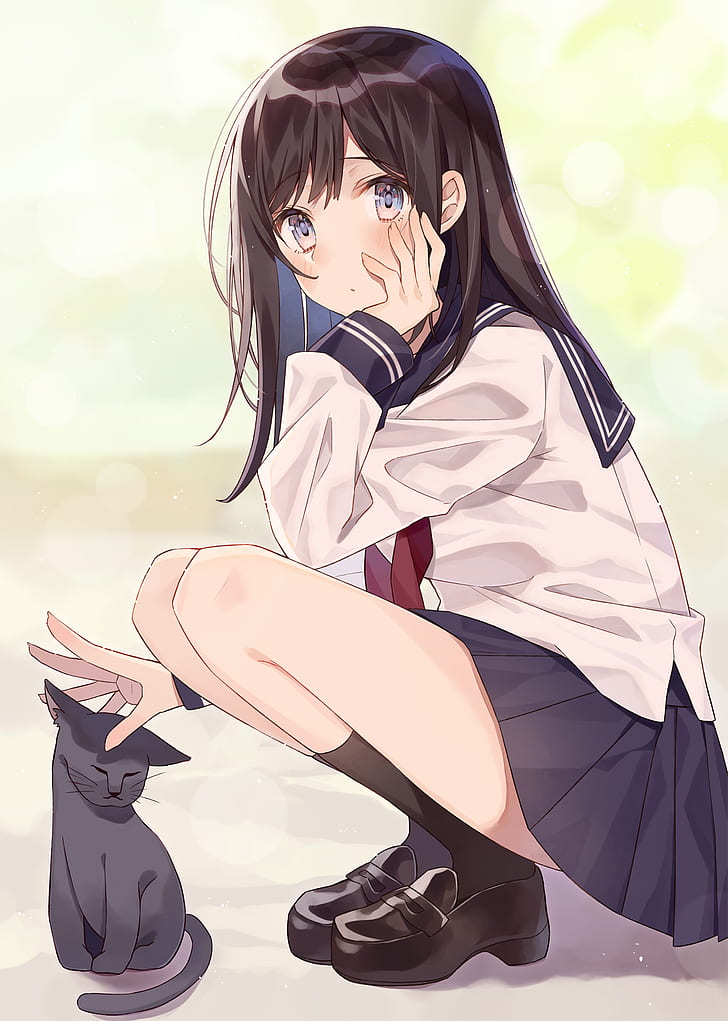 anime, anime girls, simple background, blue eyes, black hair, HD wallpaper