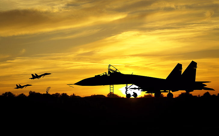 three silhouette of aircrafts, the plane, the airfield, Su-27