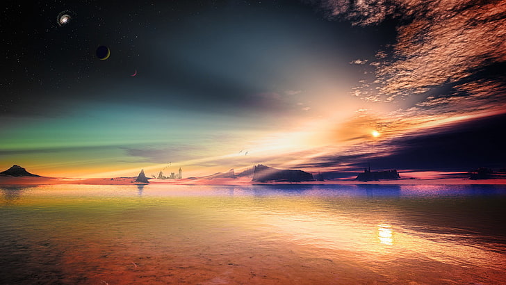 space, sunset, sunrise, sky, silhouette, beach, sea, clouds, HD wallpaper