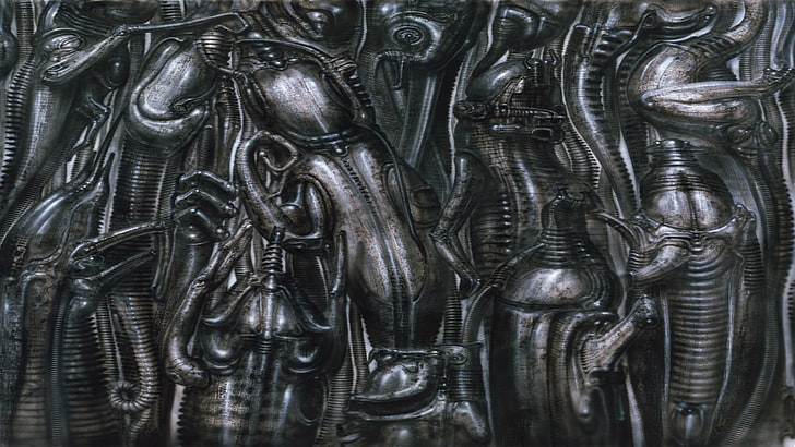 gray metal sculpture, H. R. Giger, artwork, surreal, full frame, HD wallpaper