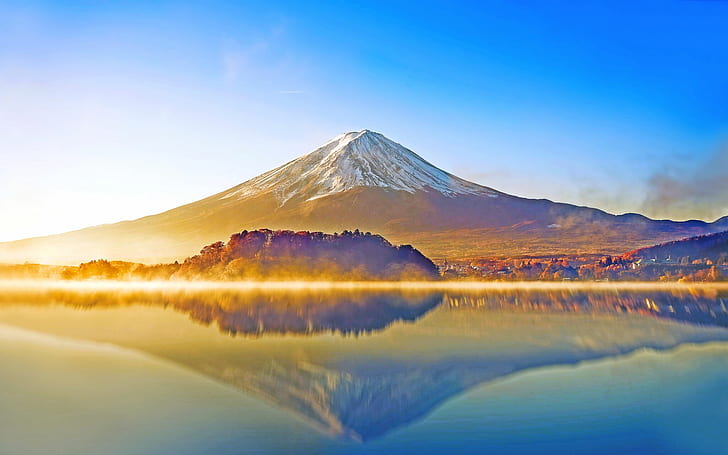 nature, Mount Fuji, landscape, sunrise, reflection, mountains