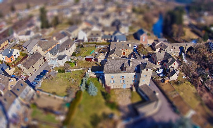 aerial view of village, tilt shift lens of gray village, castle, HD wallpaper