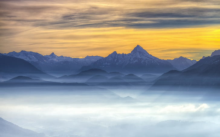 nature, landscape, mist, mountains, clouds, snowy peak, HD wallpaper