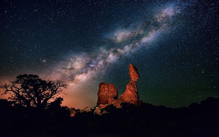 brown mountain, sky, night, stars, space, Milky Way, astronomy, HD wallpaper