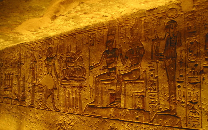 Egyptian god and goddess carved on stone, Gods of Egypt, gold
