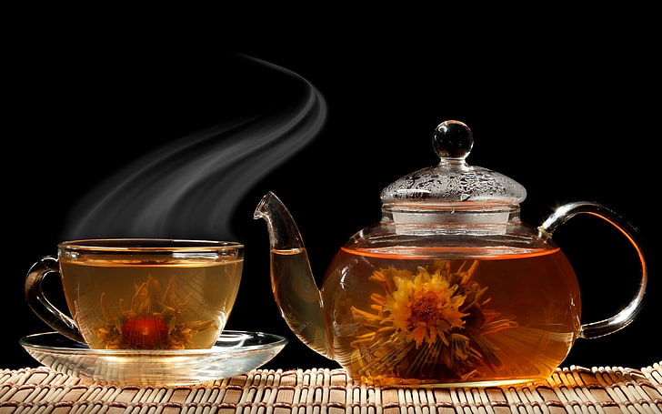 clear glass teapot, teacup, and saucer set, kettle, steam, tea - Hot Drink