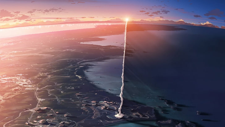 rocket launch photo, aerial photography of body of water, smoke