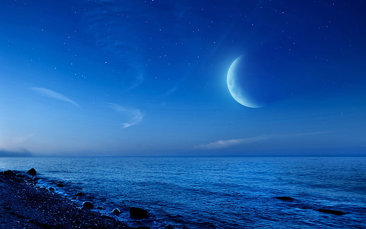 crescent moon above a body of water digital art, night, beach