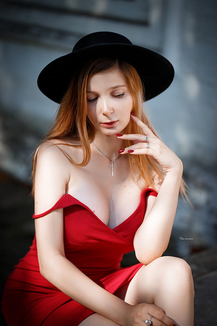 women, model, touching face, outdoors, depth of field, red nails