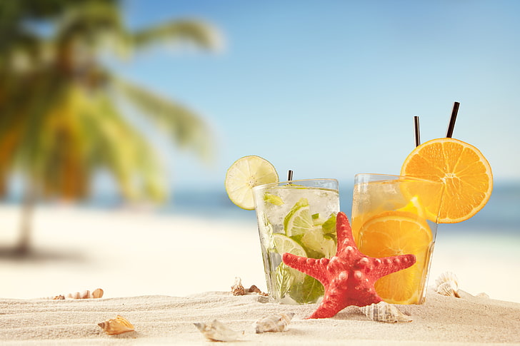 two clear glass cups, sand, sea, beach, summer, the sun, stay, HD wallpaper