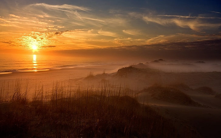 untitled, nature, landscape, sunset, clouds, beach, mist, dune, HD wallpaper