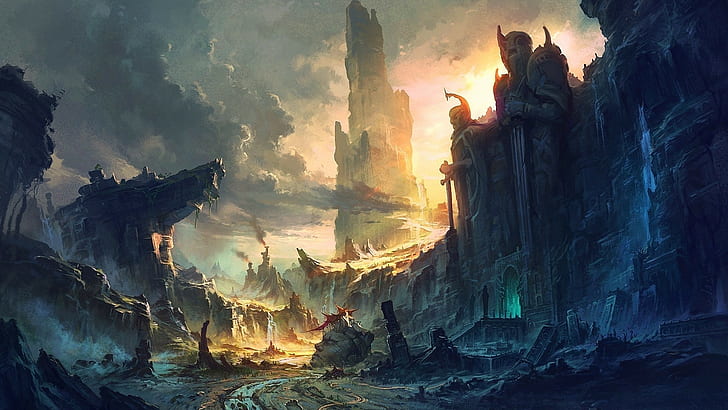 fantasy art, mountains, sunlight, castle, landscape, The Lord of the Rings