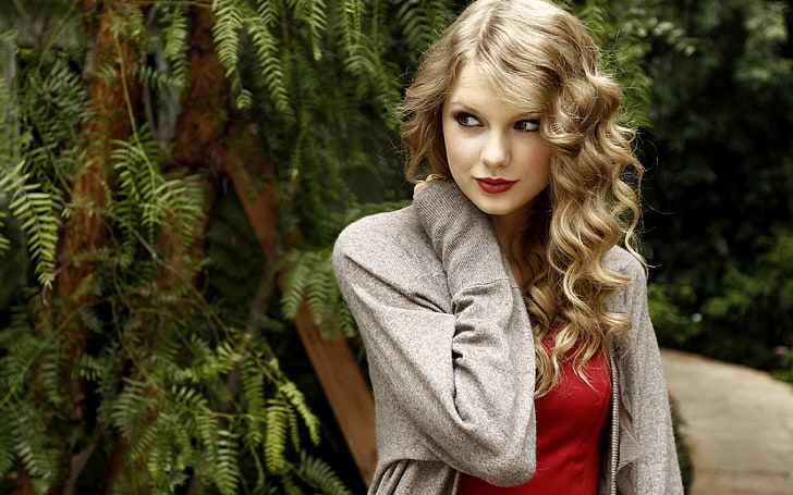 Taylor Swift, singer, celebrity, women, grey sweater, open sweater, HD wallpaper