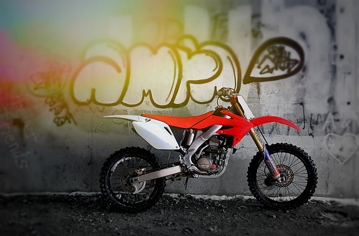 Dirtbike, red and white motocross dirt bike, Artistic, Urban, HD wallpaper