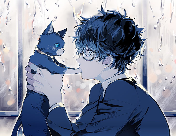 HD wallpaper: persona 5, kurusu akira, anime boy, cat, glasses, profile  view | Wallpaper Flare
