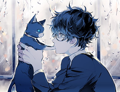 HD wallpaper: anime boy, cat, sadness, profile view, bokeh, raining,  domestic | Wallpaper Flare