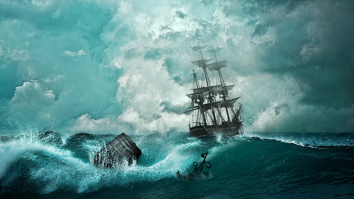 sea, wave, ocean, wind wave, water, sky, ship, sailing ship, HD wallpaper