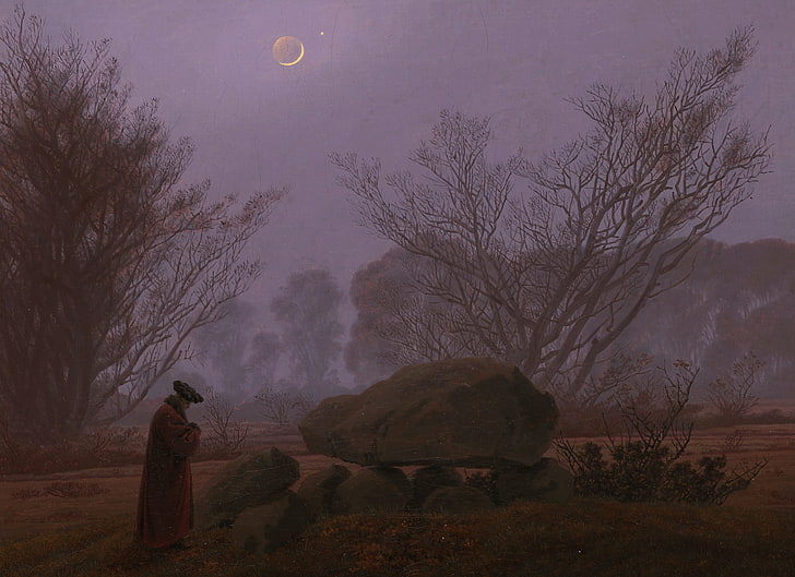 landscape, stone, picture, The moon, Caspar David Friedrich