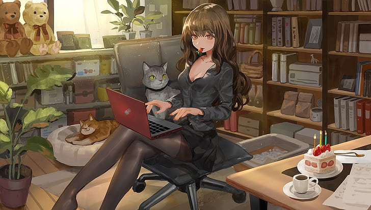 anime, anime girls, cats, black thigh, original characters
