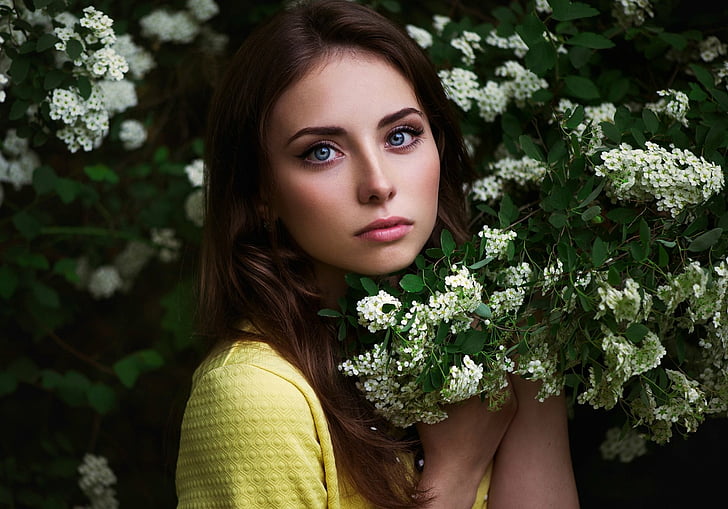 Models, Nadya Ryzhevolosaya, Blue Eyes, Brunette, Flower, Woman, HD wallpaper
