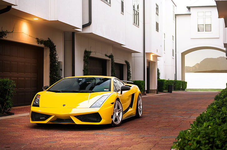 yellow Lamborghini Murcielago coupe, the building, pavers, Superleggera