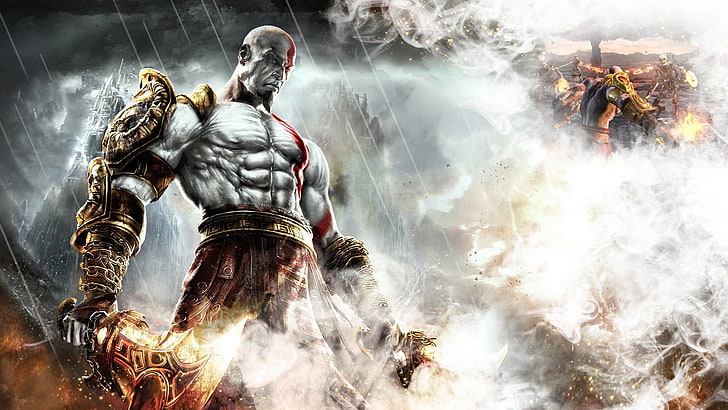 God of War Kratos digital wallpaper, fire, flame, sword, armor