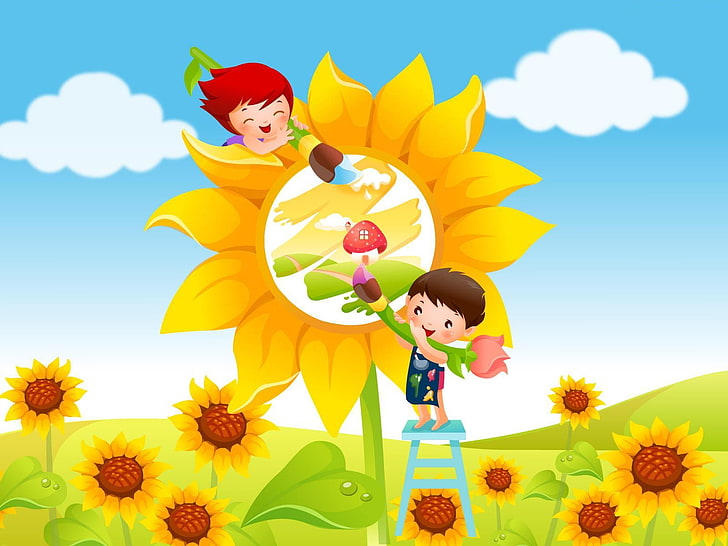 1360x768px | free download | HD wallpaper: Childhood Dream, yellow  sunflowers illustration, Cartoons, kids | Wallpaper Flare