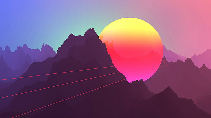 mountains, neon, Retro style, sunset, HD wallpaper