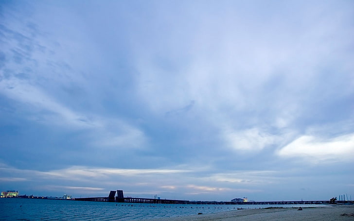 white clouds, beach, bridge, cyan, sky, water, blue, cloud - sky, HD wallpaper