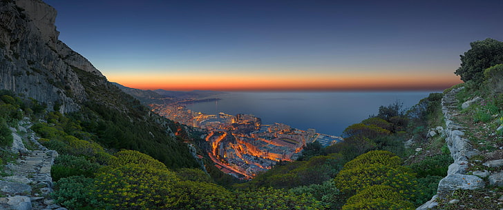 green grass field mountain, city, sea, sunset, Monaco, scenics - nature