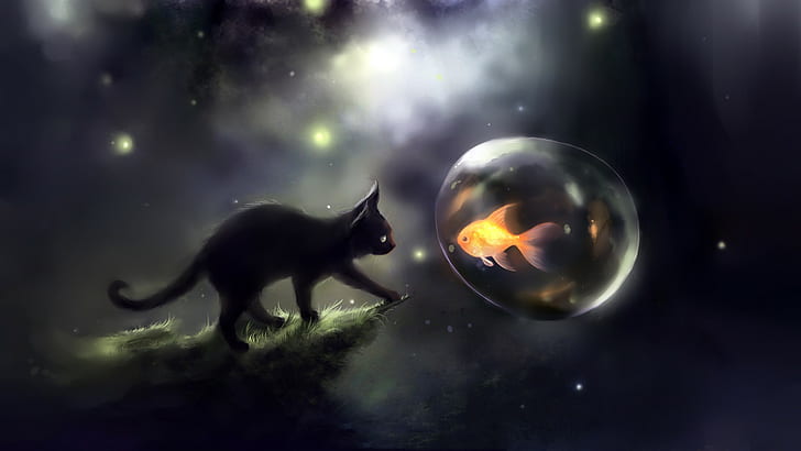 Apofiss, cat, goldfish, bubbles, black cats, artwork, glowing, HD wallpaper