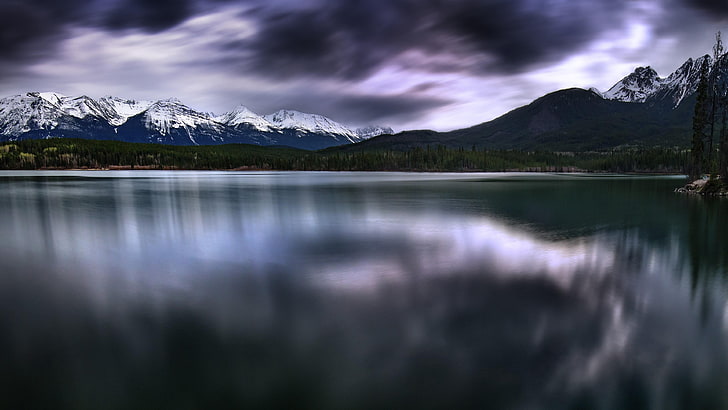 landscape, mountains, twilight, lake, calm, cloudy, reflection, HD wallpaper