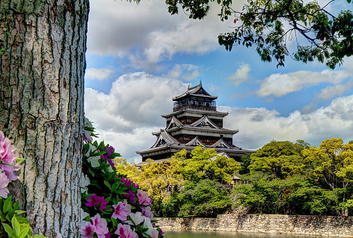 Castles, Hiroshima Castle, Flower, Tree, Yamaguchi Prefecture, HD wallpaper