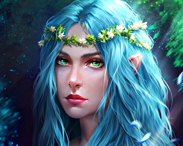 Fantasy, Elf, Blue Hair, Girl, Green Eyes, Woman, Wreath, beauty, HD wallpaper