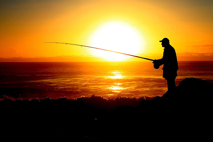 silhouette of man, sea, the sky, the sun, sunset, fisherman, rod, HD wallpaper