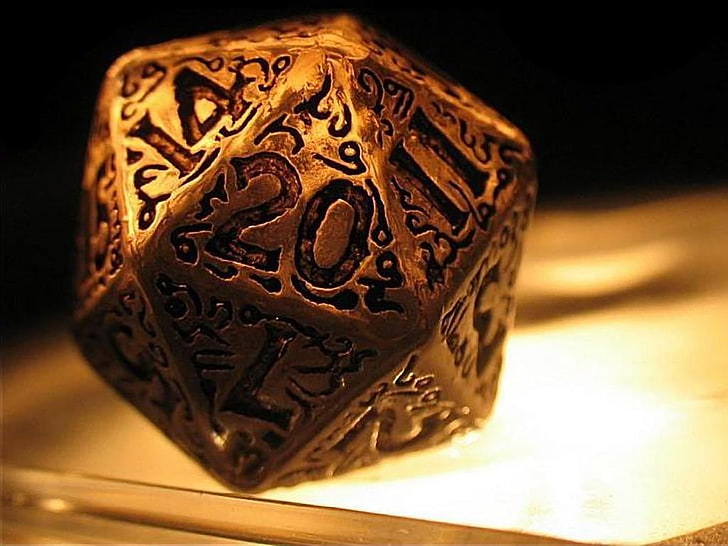 gold-colored die, Dungeons and Dragons, d20, dice, numbers, indoors, HD wallpaper
