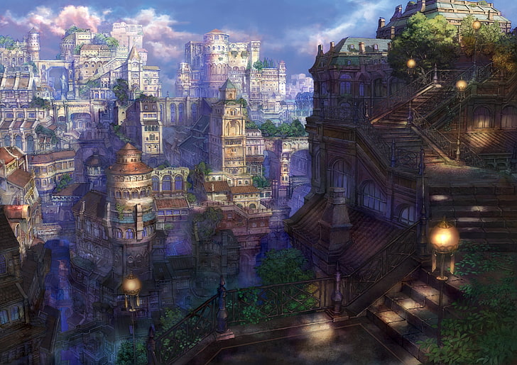 city game graphics, aerial photo of buildings, anime, nature