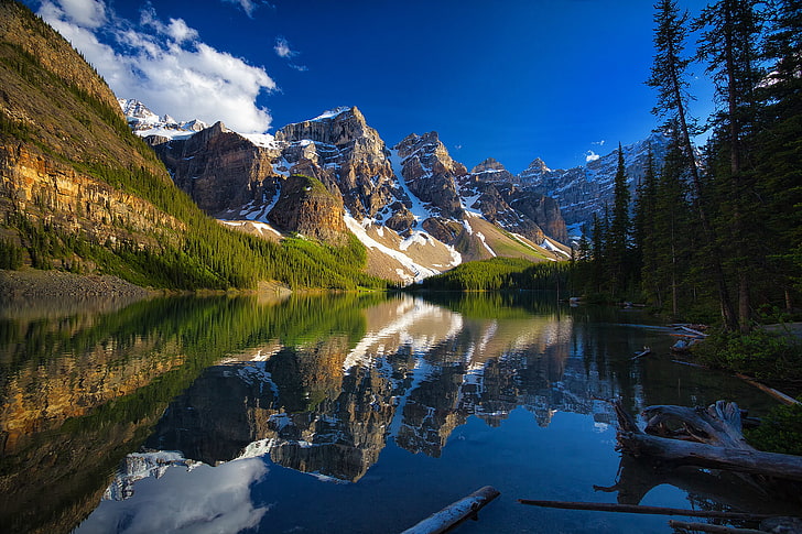 trees, mountains, lake, reflection, Canada, Albert, Banff National Park, HD wallpaper